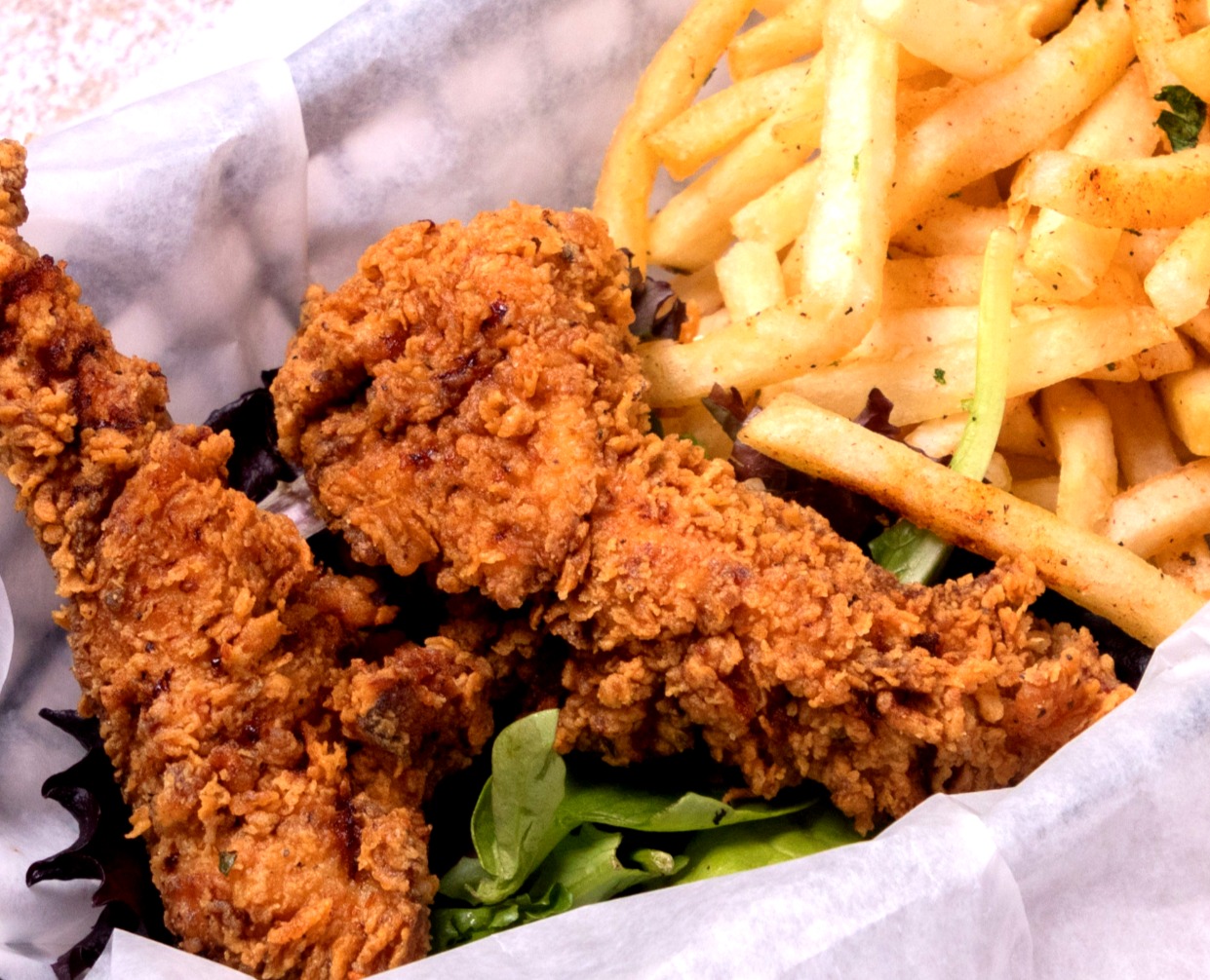 Chicken Tenders & Fries at Fin and Feathers