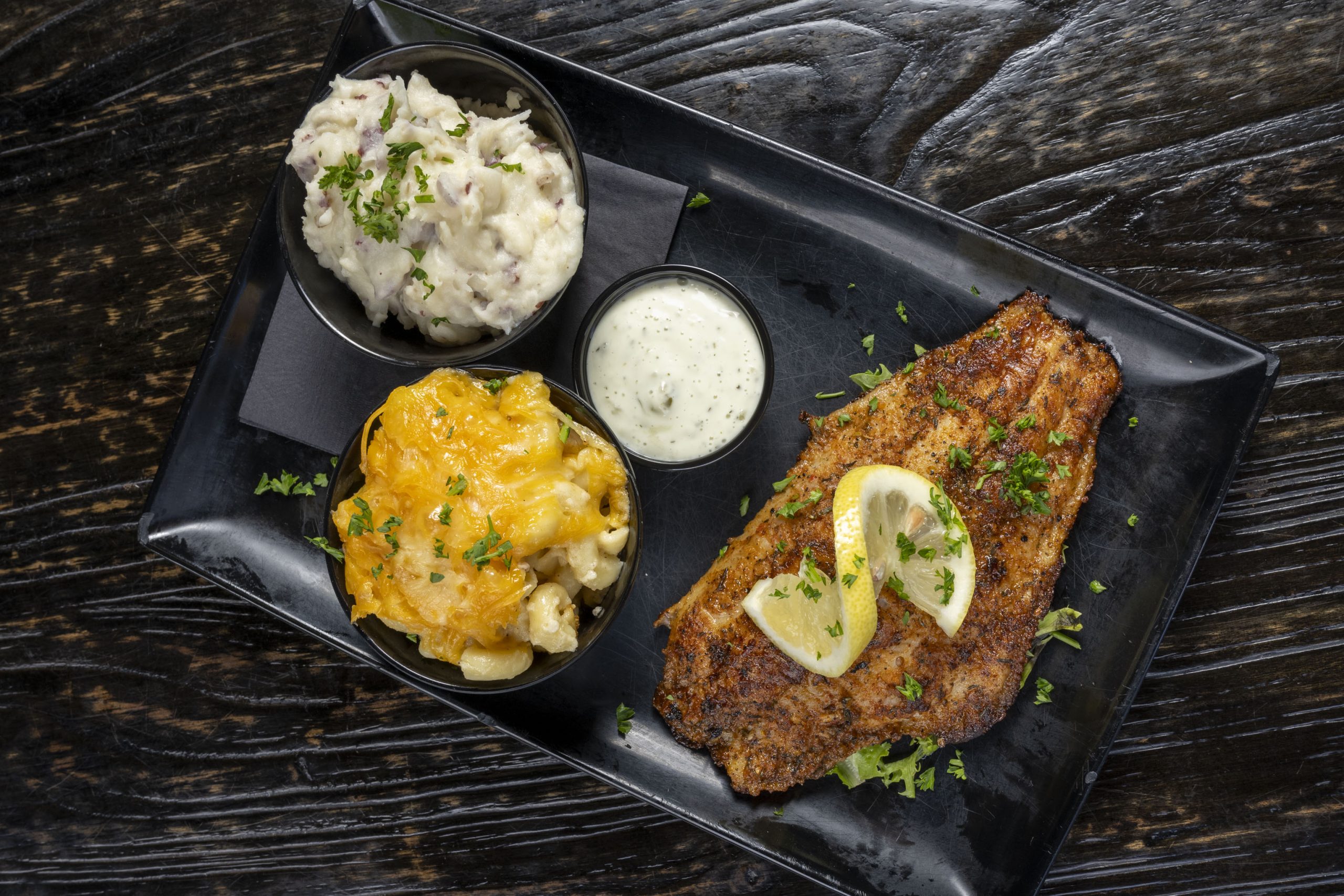 Grilled Blackened Catfish at Fin and Feathers