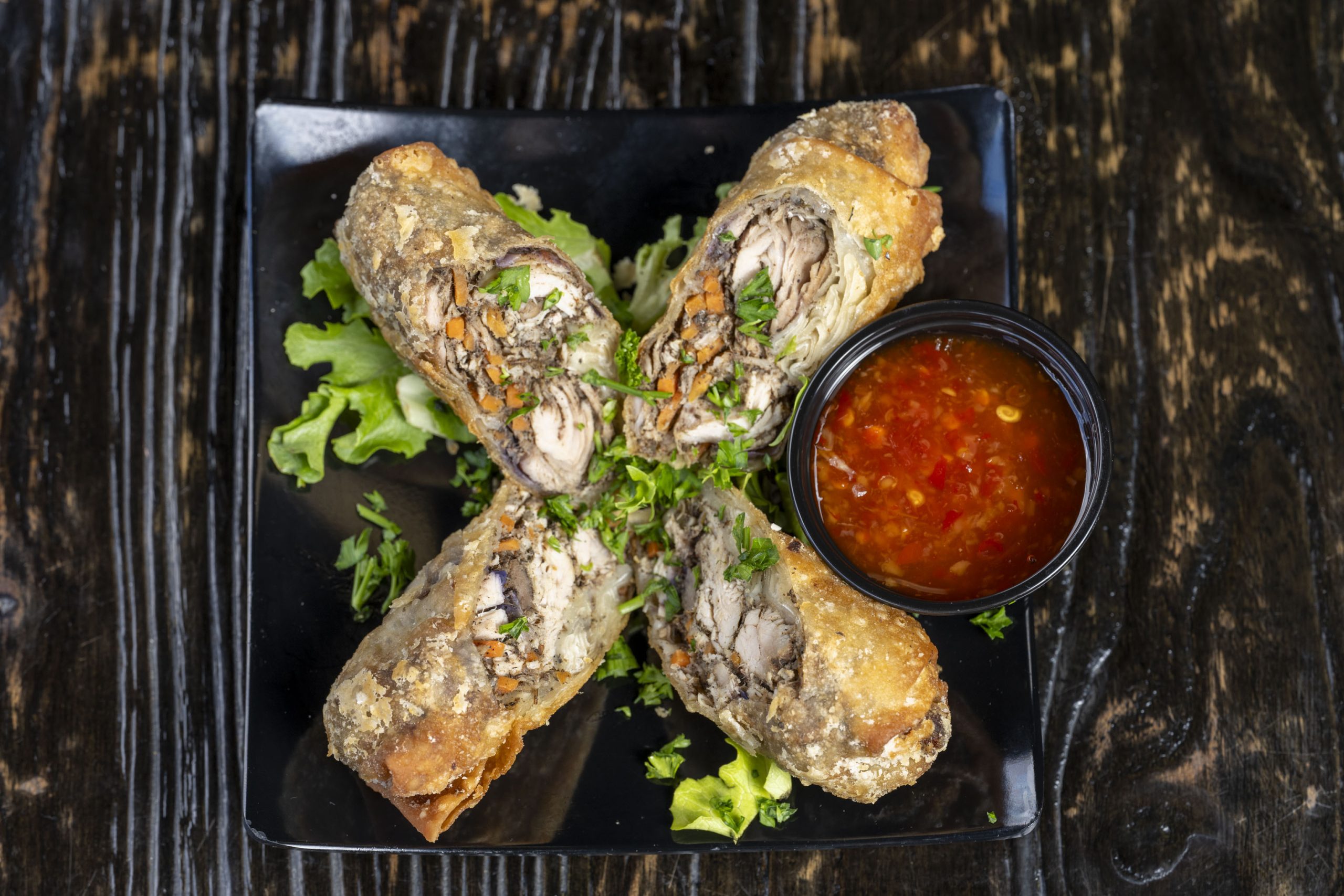 Jerk Chicken Egg Rolls at Fin and Feathers