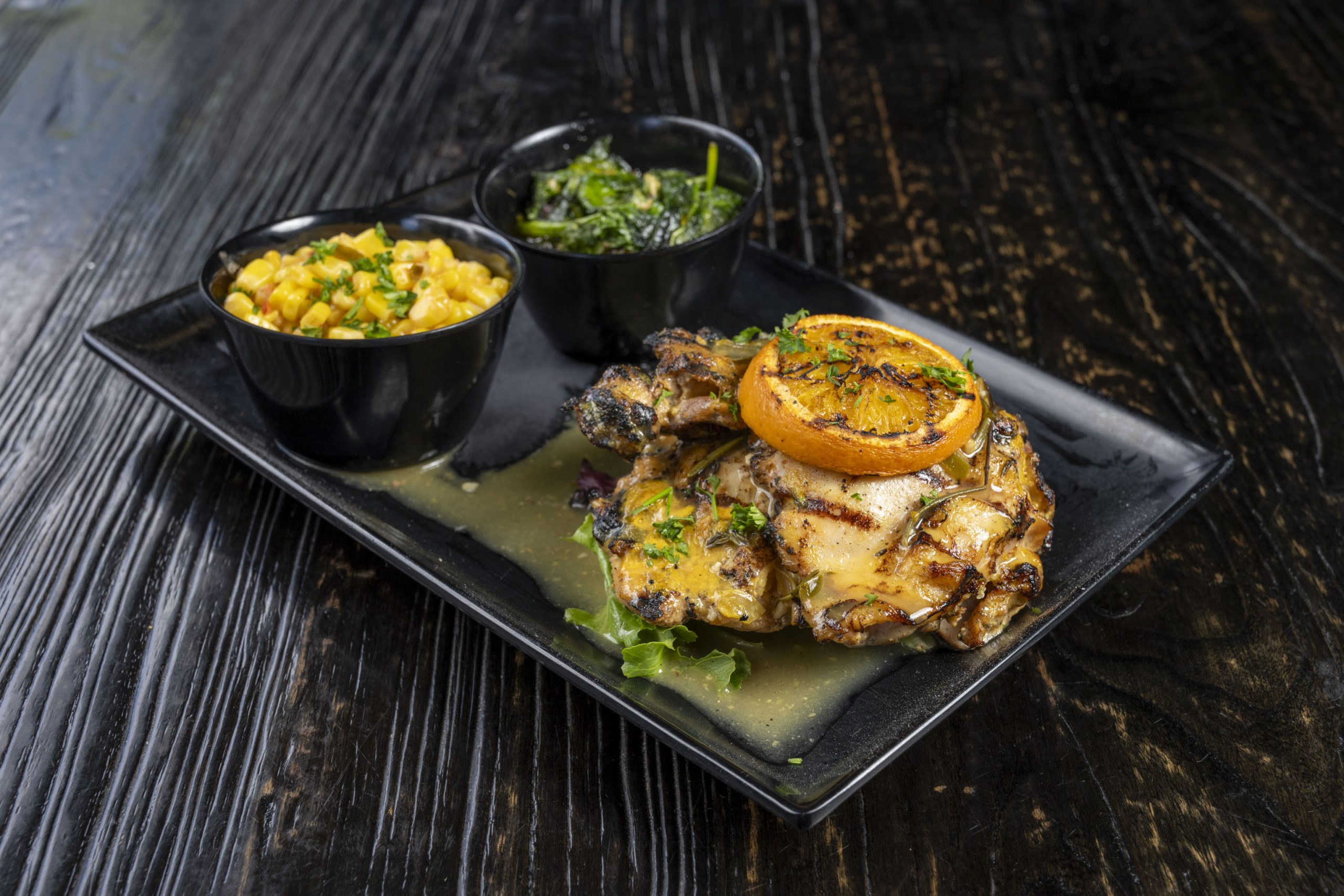 Roasted Chicken Thighs at Fin and Feathers